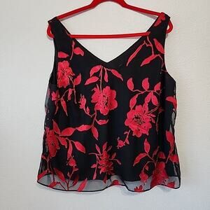 16W Tank Top Red Floral on Black Sheer Whimsigoth Flowy Fairygoth Romantic NYE